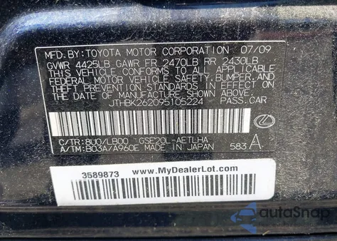 2009 Lexus Is 250 from USA, damaged, VIN JTHBK262095105224